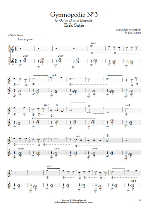 Gymnopédie N°3 in A Erik Satie guitar pro tab Full Score Guitar Duet mysongbook